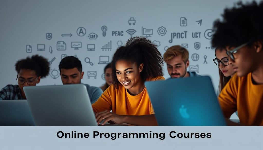 A dynamic online programming course scene with a clean, minimalist design. In the foreground, a group of diverse learners intently focus on their laptop screens, their faces illuminated by the soft glow of the displays. The middle ground features an array of programming-related icons, symbols, and abstract shapes, creating a visually engaging backdrop. The background evokes a sense of tranquility, with muted, complementary colors and a subtle gradient effect, drawing the viewer's attention to the central learning activities. The overall composition conveys a welcoming, focused, and tech-savvy atmosphere, perfectly suited to illustrate the "Online Programming Courses: A Comprehensive Guide to the Best Options" section.