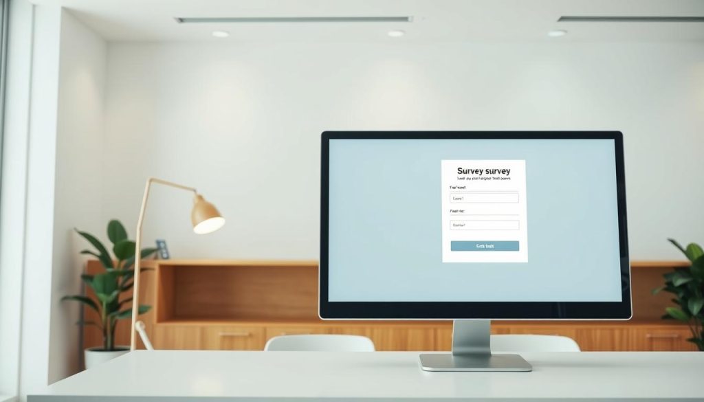 A modern office interior with a large computer monitor displaying an electronic survey form on its screen. The monitor is placed on a clean, minimalist desk, with a stylish lamp and a potted plant nearby. The background features sleek, white walls and accents of warm wood tones, creating a professional and inviting atmosphere. The lighting is soft and diffused, highlighting the survey form on the screen and the overall minimalist aesthetic. The camera angle is slightly elevated, providing a clean, unobstructed view of the setup, conveying a sense of efficiency and organization.