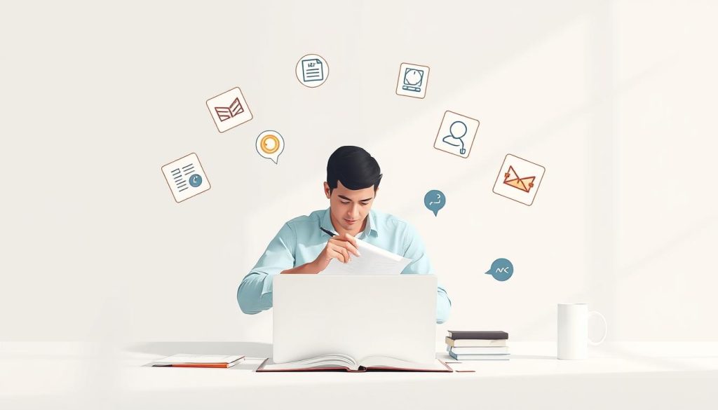 A professional, clean, and minimalist illustration showcasing the process of text quality improvement. The image features a central figure meticulously editing a document on a laptop, surrounded by floating icons representing proofreading, grammar correction, and language enhancement tools. The background is a soft, neutral tone, allowing the subject to take center stage. Lighting is subtle and natural, creating a calm and focused atmosphere. The overall composition conveys a sense of productivity, attention to detail, and the tangible benefits of professional linguistic services.