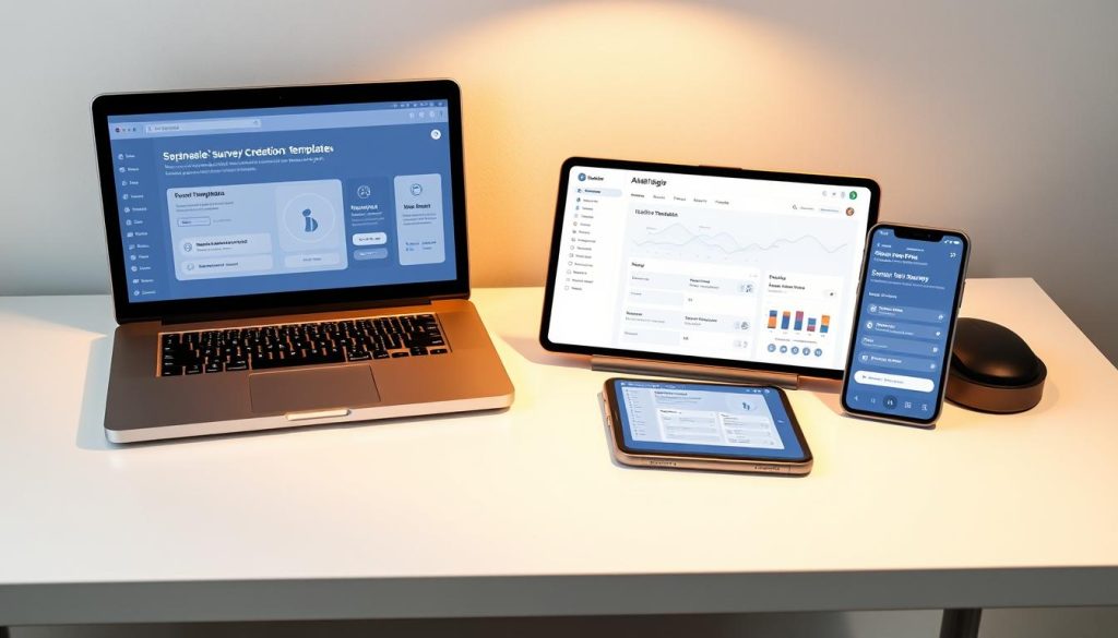 An elegant digital survey creation suite on a sleek white desk, with a modern laptop, tablet, and smartphone displaying survey templates and analytics. Warm, directional lighting illuminates the scene, casting subtle shadows. The arrangement conveys a sense of efficient, user-friendly workflow for crafting effective online questionnaires. Minimalist, high-quality icons and interfaces highlight the key tools and features. The overall aesthetic is clean, contemporary, and inviting, reflecting the ease and professionalism of the electronic survey creation process.