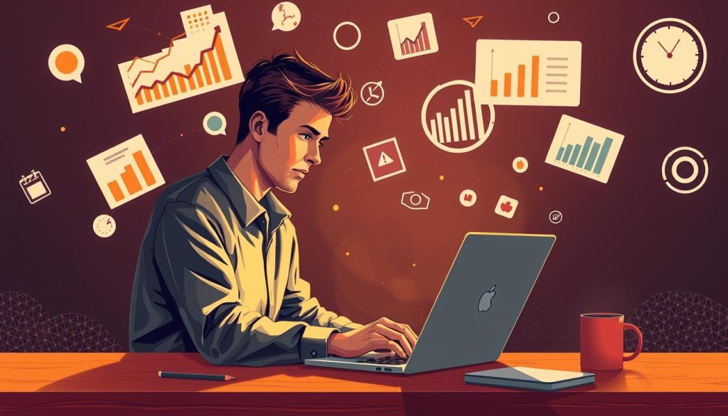 Detailed digital illustration of a person sitting at a laptop, deep in thought, surrounded by floating elements like search engine optimization graphs, website analytics, and content optimization tools. The scene is bathed in a warm, focused light, creating a contemplative atmosphere. The overall composition should convey the idea of optimizing web content for search engine discoverability and user engagement.