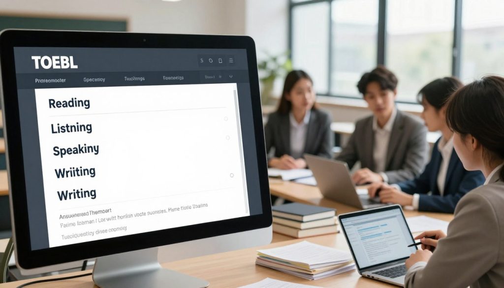A close-up view of a modern TOEFL test structure layout, featuring a sleek digital interface displaying sections such as reading, listening, speaking, and writing. In the foreground, a diverse group of students in professional attire is engaged in discussions, looking at laptops and tablets. The middle ground includes a well-organized study area with books, notes, and test preparation materials. In the background, a bright, modern classroom setting with large windows allowing natural light to filter in, creating a warm and inviting atmosphere. The overall mood is focused and motivational, inspiring confidence in upcoming test preparations. The scene is captured with a soft focus effect, emphasizing the students and the structure of the TOEFL test, highlighting recent updates and changes in an educational context.