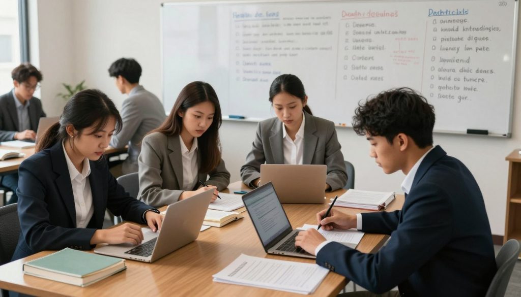 A focused study environment showcasing diverse students engaged in practical TOEFL test preparation. In the foreground, a multicultural group of three students, dressed in professional business attire, is seated at a large wooden table, surrounded by books, laptops, and practice tests. The middle ground features a whiteboard filled with English vocabulary and grammar notes, emphasizing an active learning atmosphere. In the background, a large window lets in soft, natural light, casting a warm glow over the scene, enhancing the sense of focus and dedication. The mood is intense yet collaborative, reflecting a serious commitment to mastering English language skills through continuous evaluation and practice. The composition should be shot from a slightly elevated angle, creating a sense of immersion in the study session.