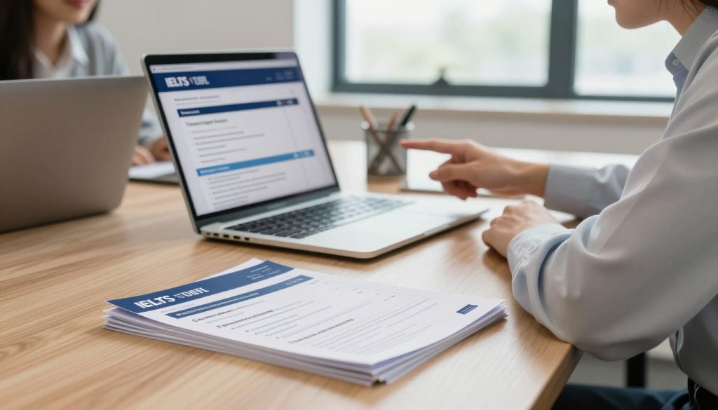 A modern office environment featuring a wooden desk with a laptop displaying an online registration form for IELTS and TOEFL exams. In the foreground, a neatly organized pile of exam brochures, each highlighting different aspects such as costs, availability, and registration steps. The middle ground showcases a focused individual in professional attire, pointing at the laptop screen while discussing details with a colleague. The background features a bright window with natural light streaming in, creating a warm and inviting atmosphere. Use a shallow depth of field to emphasize the subjects while softly blurring the background. The mood conveys professionalism and clarity, capturing the essence of navigating the registration process for language proficiency tests.