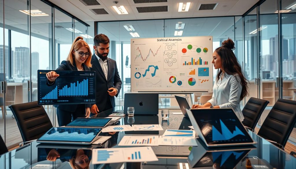A modern office environment showing a diverse group of four professionals engaged in statistical analysis. In the foreground, two men and two women in professional attire are gathered around a sleek, glass conference table filled with data charts and statistical models on laptops. The woman on the left, wearing glasses, is pointing at a digital screen displaying innovative statistical graphs, while the man beside her is taking notes. In the middle ground, a large whiteboard features colorful diagrams illustrating competitive advantages in statistical analysis. The background includes glass partition walls with city skyline views, allowing natural light to fill the space, creating a bright and collaborative atmosphere that conveys innovation and professionalism. The atmosphere is dynamic and focused, highlighting teamwork and expertise in statistical solutions.
