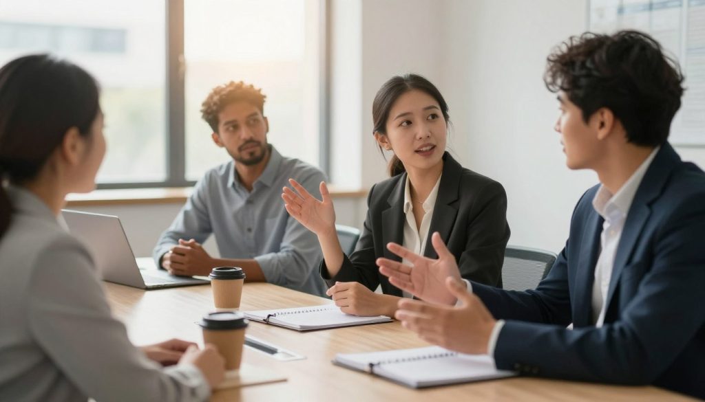 A professional setting showcases a diverse group of four individuals engaged in a dynamic conversation, emphasizing the theme of "Developing Speaking Skills." In the foreground, a confident woman in smart business attire gestures expressively, while a man in a casual yet polished outfit listens intently. In the middle ground, a sleek modern conference table filled with notebooks and coffee cups adds to the collaborative atmosphere. The background features a large window with daylight streaming in, illuminating the room with a warm glow, enhancing the inviting and optimistic mood. Use a soft focus to blur the background slightly, placing emphasis on the speaking participants. The overall ambience should convey energy and enthusiasm for effective communication and skill development.