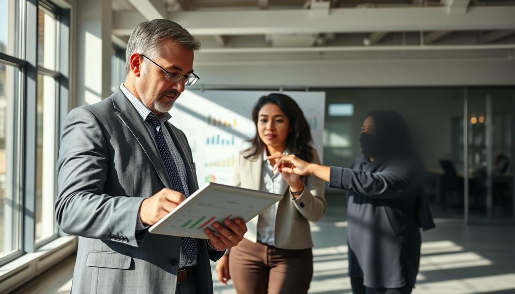 A professional setting showcasing a diverse group of three analysts collaborating on statistical challenges. In the foreground, a middle-aged Caucasian male analyst, dressed in business attire, is examining a complex graph on a digital tablet. Beside him, a young South Asian female analyst, wearing smart casual clothing, is pointing at a whiteboard filled with colorful charts and notes, illustrating problem-solving methods. In the background, a modern office space with large windows allows natural light to pour in, enhancing the atmosphere of innovation. Soft shadows are cast, and the focus is slightly blurred on the background while maintaining a clear view of the analysts. The overall mood is one of collaboration and determination, emphasizing teamwork in overcoming analytical challenges.