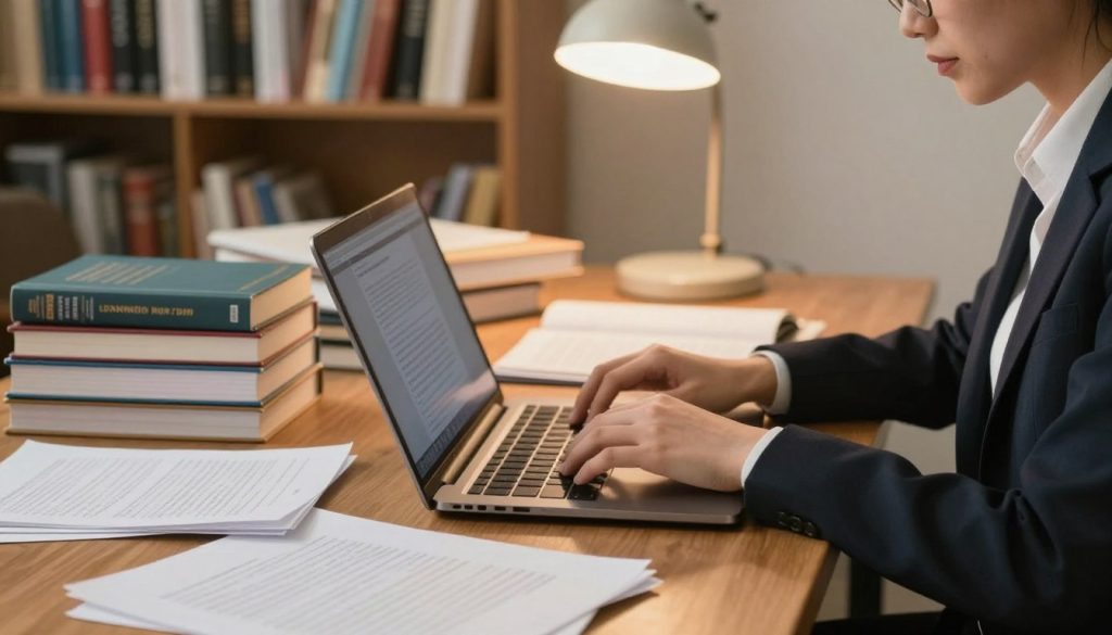 A serene study environment showcasing the mastery of academic writing. In the foreground, a focused individual, dressed in professional attire, is intently typing on a laptop adorned with open notebooks and scattered academic papers. The middle ground features a wooden desk with neatly stacked volumes of academic journals, highlighting the importance of research. In the background, a cozy bookshelf filled with well-organized texts, and a softly glowing desk lamp adds warm, inviting light, creating an atmosphere of concentration and intellectual pursuit. The scene reflects a mood of productivity and scholarly dedication, emphasizing the art of academic writing preparation. Capture this moment with a slight depth of field to enhance the subject's focus against the clutter of literature.