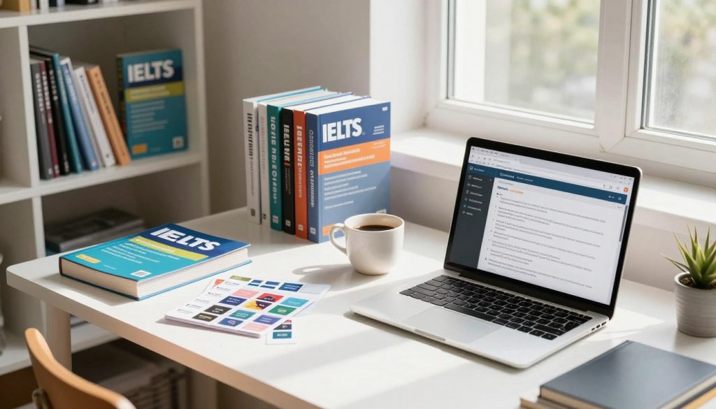 A stylish study space filled with resources for preparing for the IELTS exam. In the foreground, an organized desk showcases a variety of IELTS preparation books, flashcards, and a laptop open to an online study platform. A cup of coffee sits beside the laptop, adding a cozy touch. In the middle ground, a neatly arranged bookshelf displays additional study materials, including grammar guides and vocabulary lists. The background features a large window with natural light streaming in, creating a bright and inspiring atmosphere. Soft shadows enhance the feeling of focus and determination. The scene is captured from a slightly elevated angle to highlight the desk's contents, evoking a sense of motivation and readiness for studying.