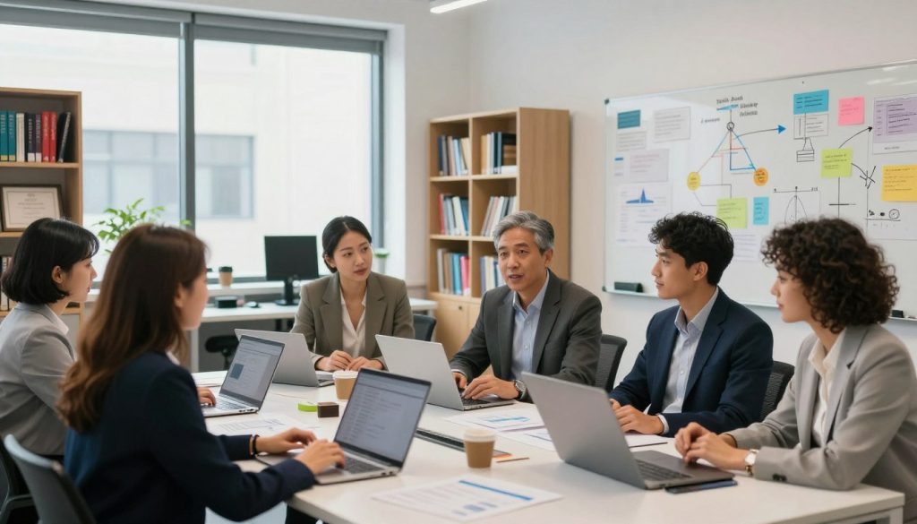A vibrant and contemporary research office environment, the foreground showcases a group of diverse professionals, including a Middle-Eastern woman and an Asian man, dressed in smart business attire, engaging in a discussion around a table filled with research papers and digital devices. In the middle ground, a large window allows natural light to flood the space, illuminating shelves filled with academic books and award certificates. The background features a modern whiteboard covered in colorful diagrams and notes, signifying various research specializations. The overall atmosphere is collaborative, inspiring, and dynamic, with subtle warm lighting to create an inviting feel. The camera angle is slightly above eye-level, providing a clear view of the interaction and the research environment.