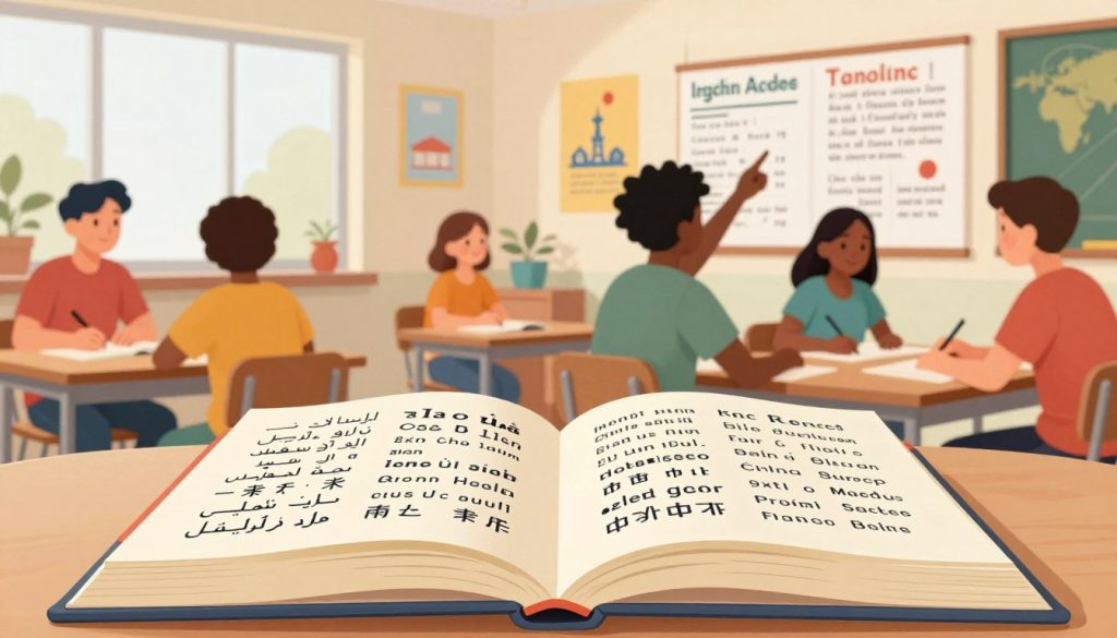 A vibrant and engaging illustration showcasing various languages available for learning in an academy setting. In the foreground, a large, open book lies on a desk, its pages adorned with symbols and characters from different languages like Arabic, Chinese, Spanish, and French. In the middle ground, diverse students of varying ethnicities are engaged in discussion, some taking notes, others pointing at language charts displayed on a wall. The background features a bright, airy classroom with colorful posters of famous landmarks and scripts from various countries. Soft, natural lighting pours in through a large window, creating an inviting atmosphere. The overall mood is one of curiosity and excitement about language learning, emphasizing a multicultural environment.