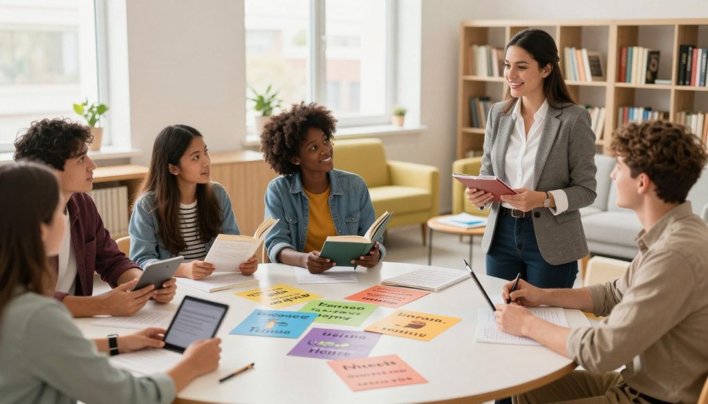 A vibrant and inclusive academic environment, depicting a diverse group of students engaged in language learning activities. In the foreground, a cheerful female instructor in professional attire guides a mixed group of students, including an Asian male, a Black female, and a Caucasian male, all actively participating with books and digital devices. In the middle ground, a round table adorned with language materials and colorful posters of different cultures and languages fosters collaboration. The background features large windows allowing natural light to flood the room, filling a well-organized library corner with books and comfortable seating. Use soft, warm lighting to create an inviting atmosphere that encourages learning, with a slight lens blur to focus on the interaction among students.
