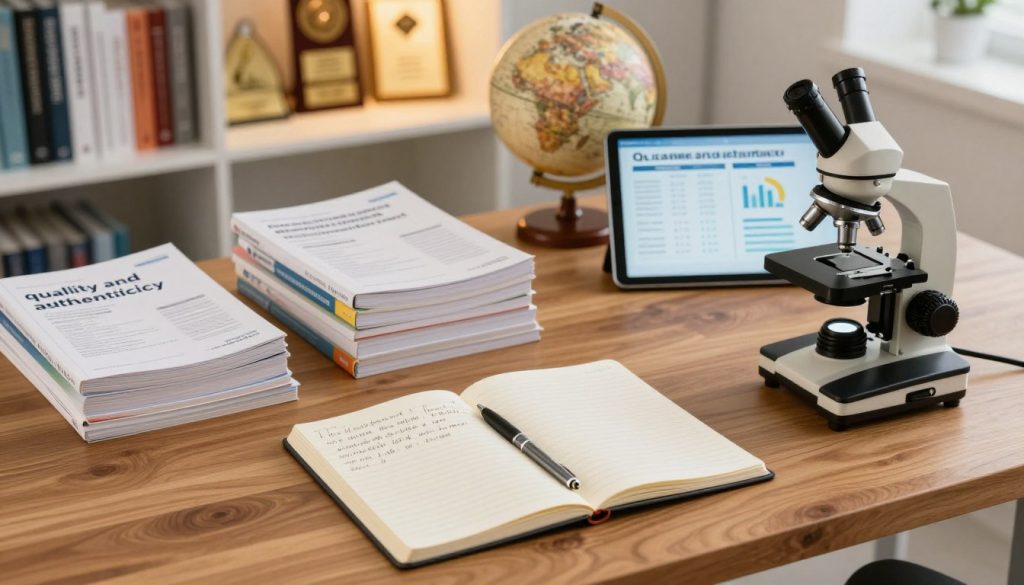 A well-organized workspace illustrating "quality and authenticity" in scientific research. In the foreground, a polished wooden table displays an open notebook with handwritten notes, a sophisticated pen, and a high-quality microscope. The middle ground includes neatly arranged stacks of peer-reviewed journals, a globe, and a tablet showcasing data analytics. In the background, a softly lit bookshelf filled with reference books and awards reflects expertise. The scene is illuminated by warm, diffuse lighting that creates a welcoming atmosphere, evoking professionalism and trust. The angle is slightly overhead, emphasizing the order and attention to detail in the workspace. Overall, the mood conveys a commitment to quality and authenticity in research services.