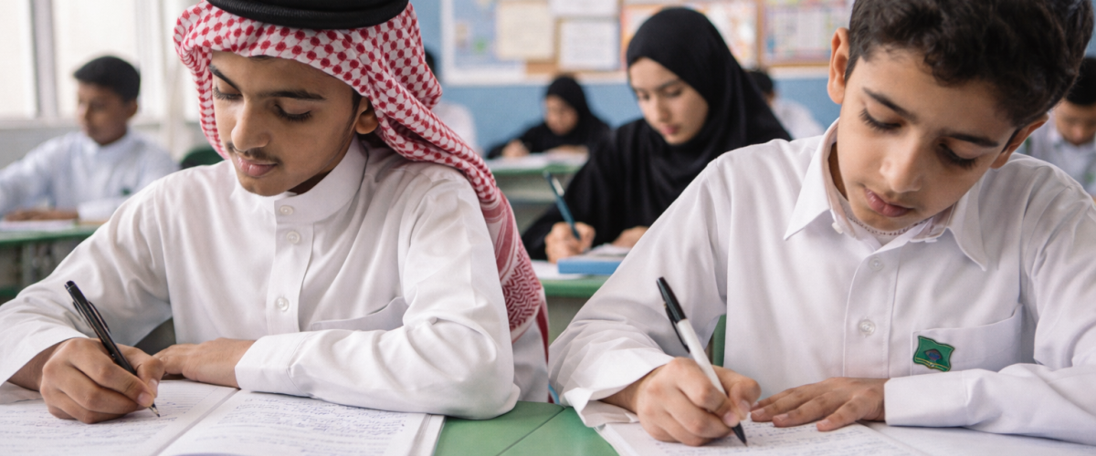 Saudi students studying algebra in class