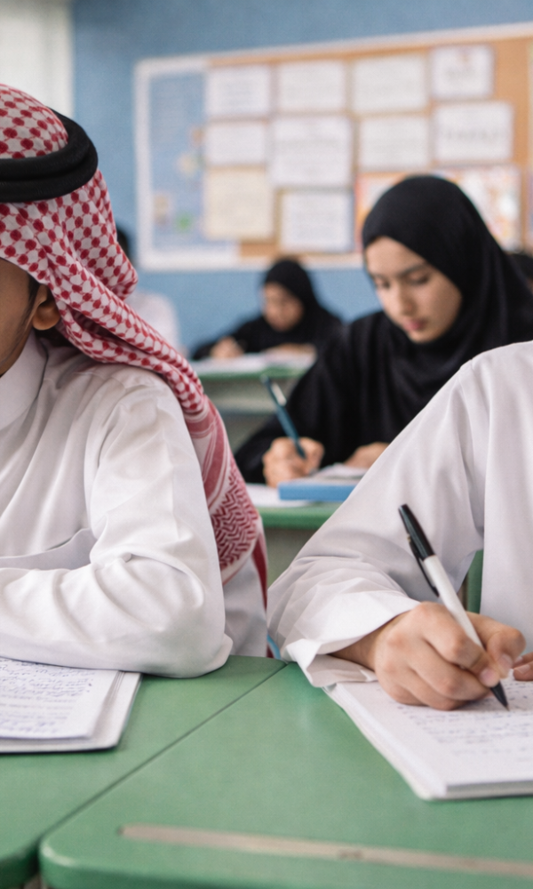 Saudi students studying algebra in class