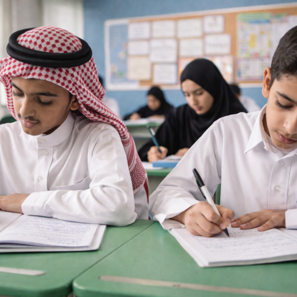 Saudi students studying algebra in class